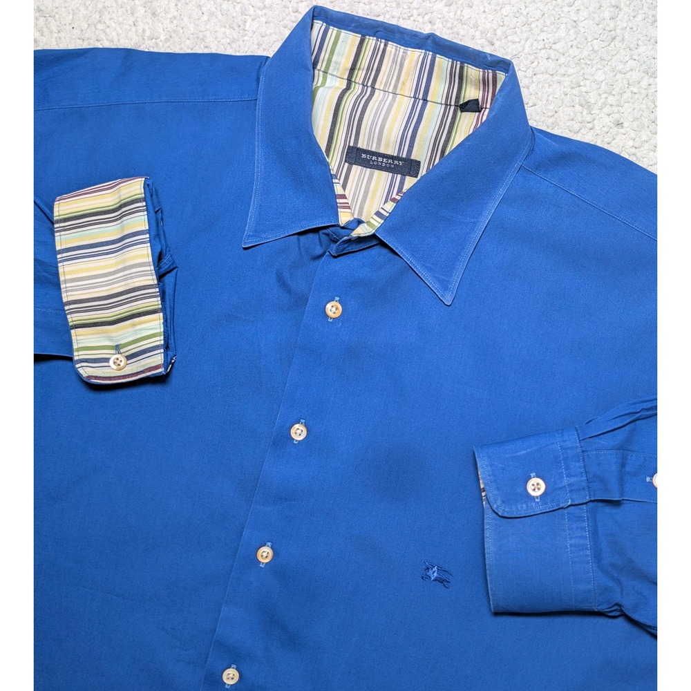 Burberry London Mens XXL Blue Long Sleeve Button Down Shirt Made in USA Striped